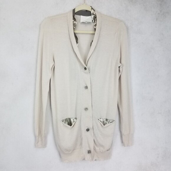 3.1 Phillip Lim Size S Button Down Trimmed Cardigan Sweater Front pockets Beige - Picture 1 of 15